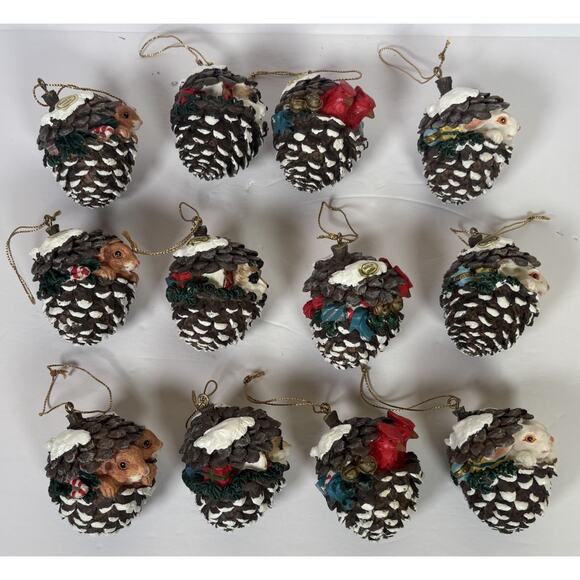 12 Animal Pinecone Christmas Ornaments Birds Bunnies Mice Raccoon Woodland - Picture 5 of 13